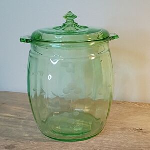 Vintage Etched Flower Vaseline Glass Canister Cookie Biscuit Jar
